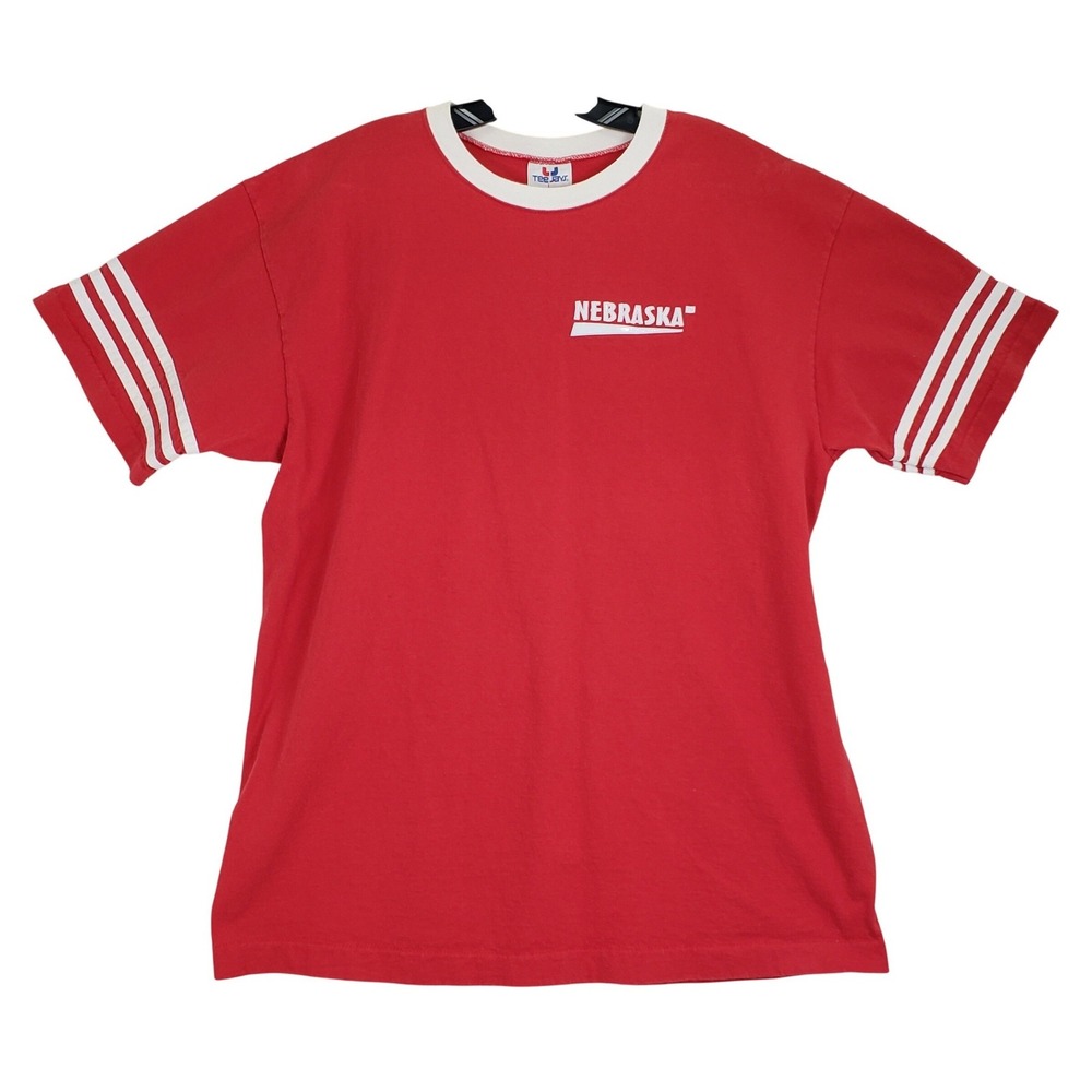 Vintage 80s Nebraska NCAA Tee Jays T-Shirt Mens L Red Collegiate Ringer Striped